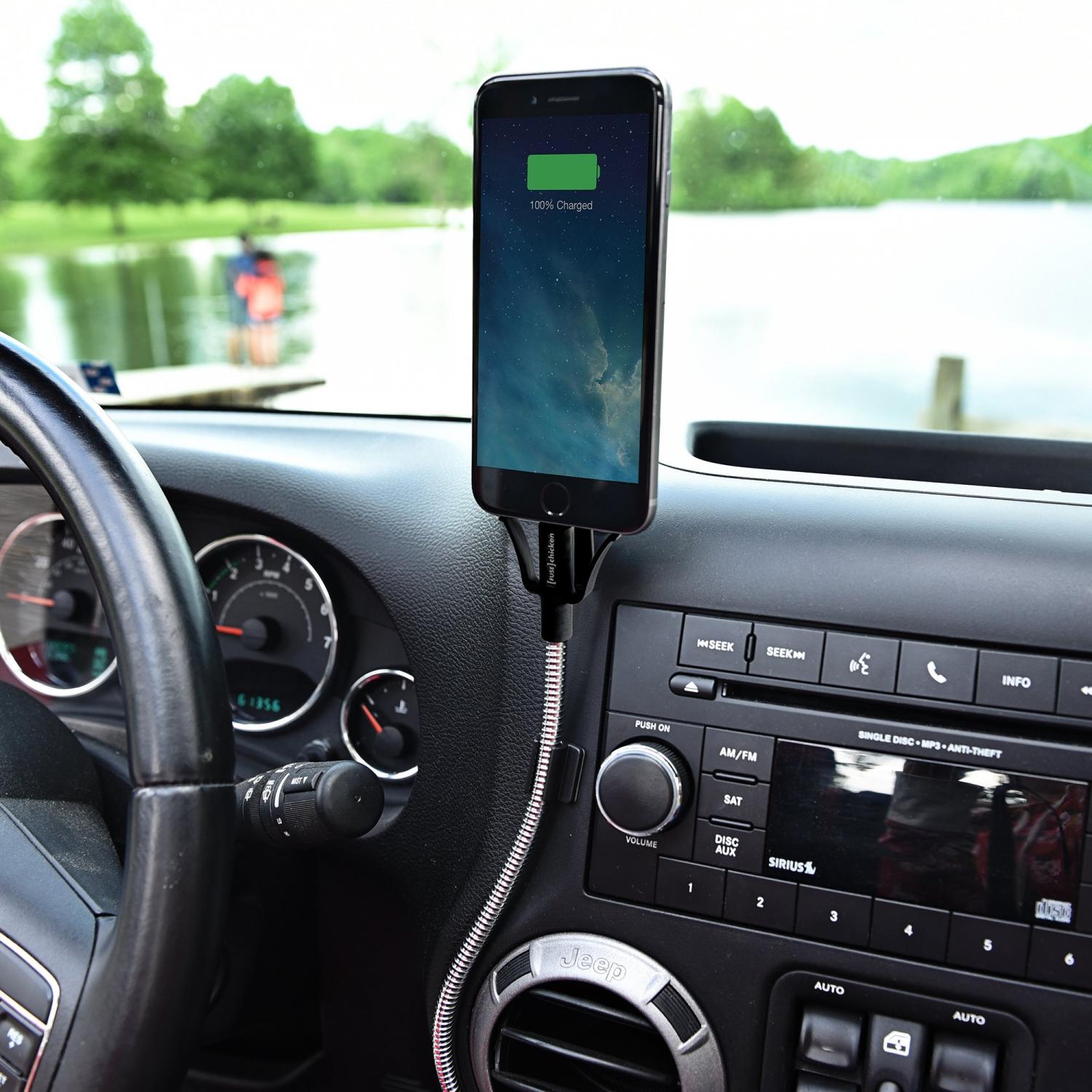Flexible iPhone Stand and Charger - Rugged Stainless steel charging cable doubles as a phone mount