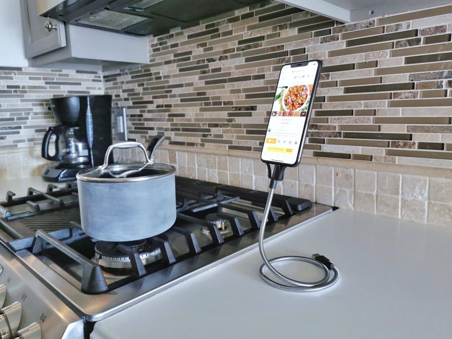 Flexible iPhone Stand and Charger - Rugged Stainless steel charging cable doubles as a phone mount