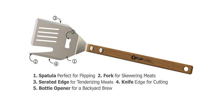 FlipFork 5-in-1 BBQ Spatula, knife, bun slicer, bottle opener spatula