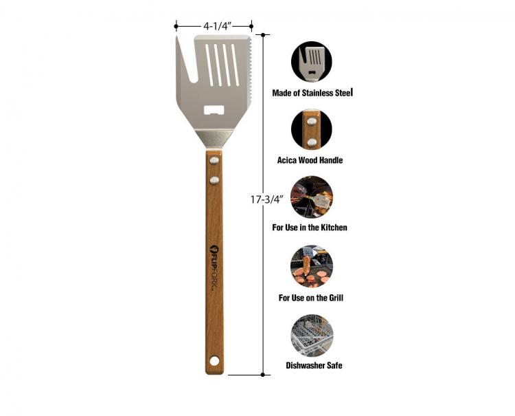 FlipFork 5-in-1 BBQ Spatula, knife, bun slicer, bottle opener spatula