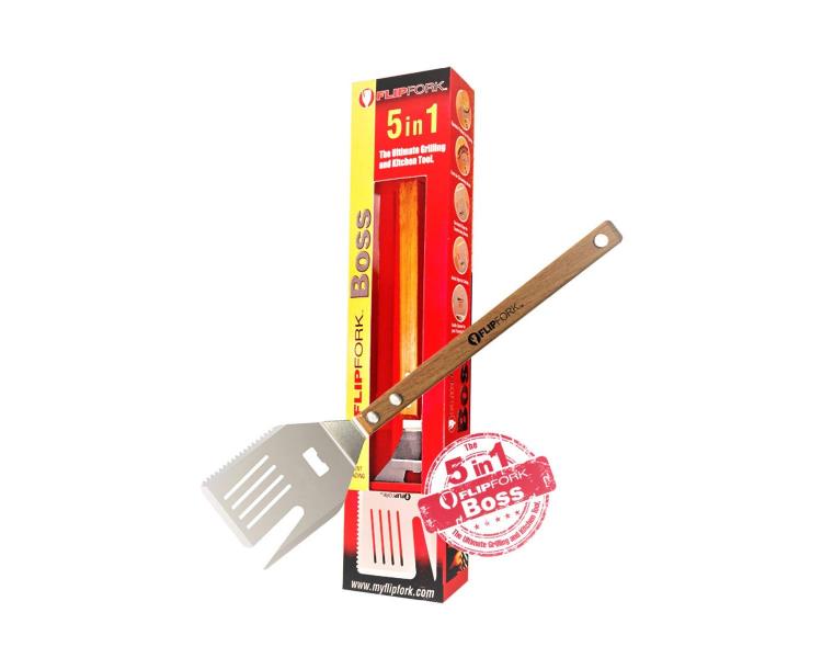 FlipFork 5-in-1 BBQ Spatula, knife, bun slicer, bottle opener spatula
