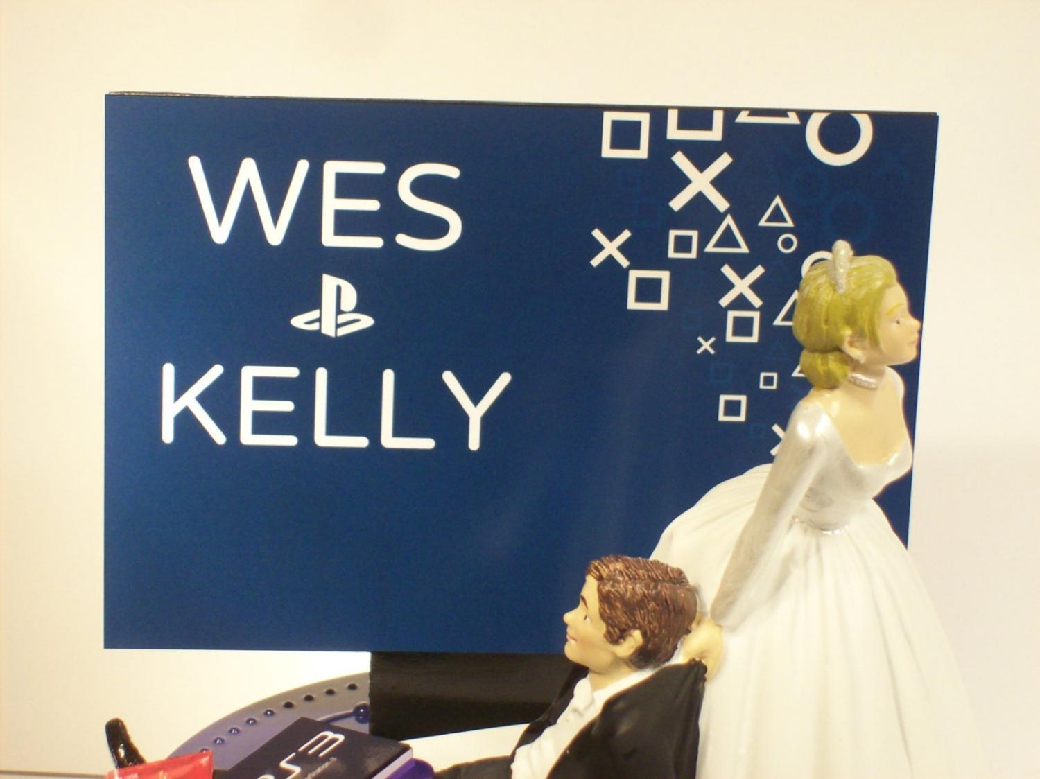 Gamer Wedding Cake Topper - Bride dragging groom away from games cake topper