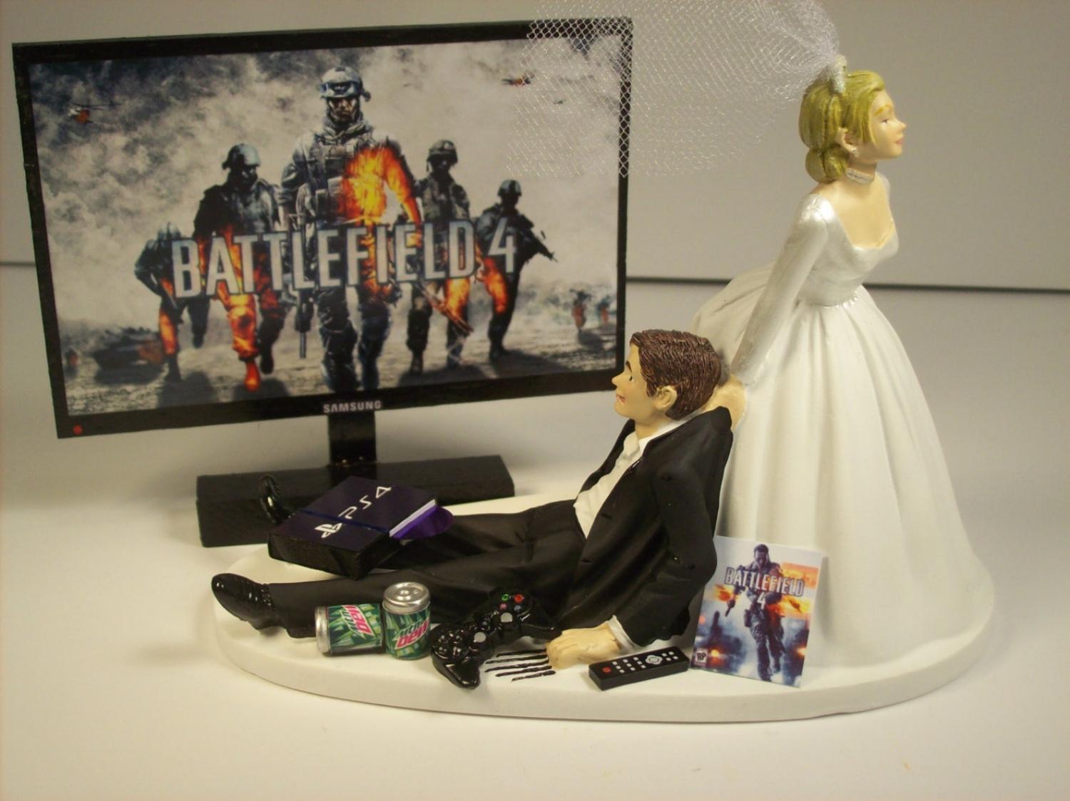 Gamer Wedding Cake Topper - Bride dragging groom away from games cake topper