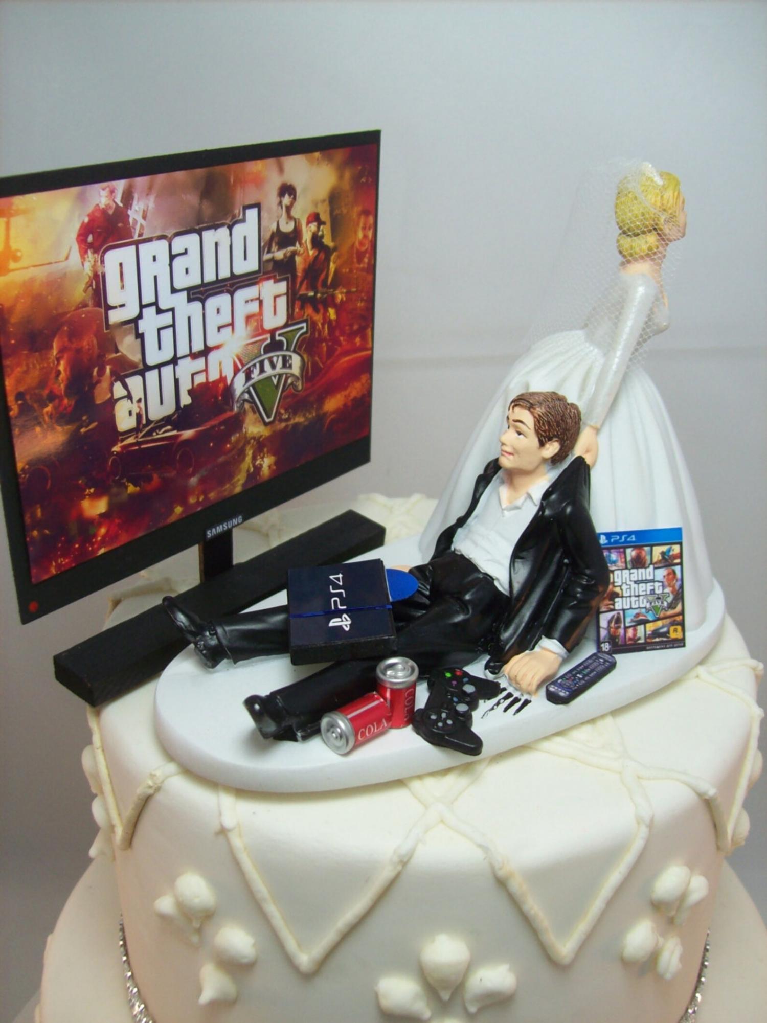 Gamer Wedding Cake Topper - Bride dragging groom away from games cake topper