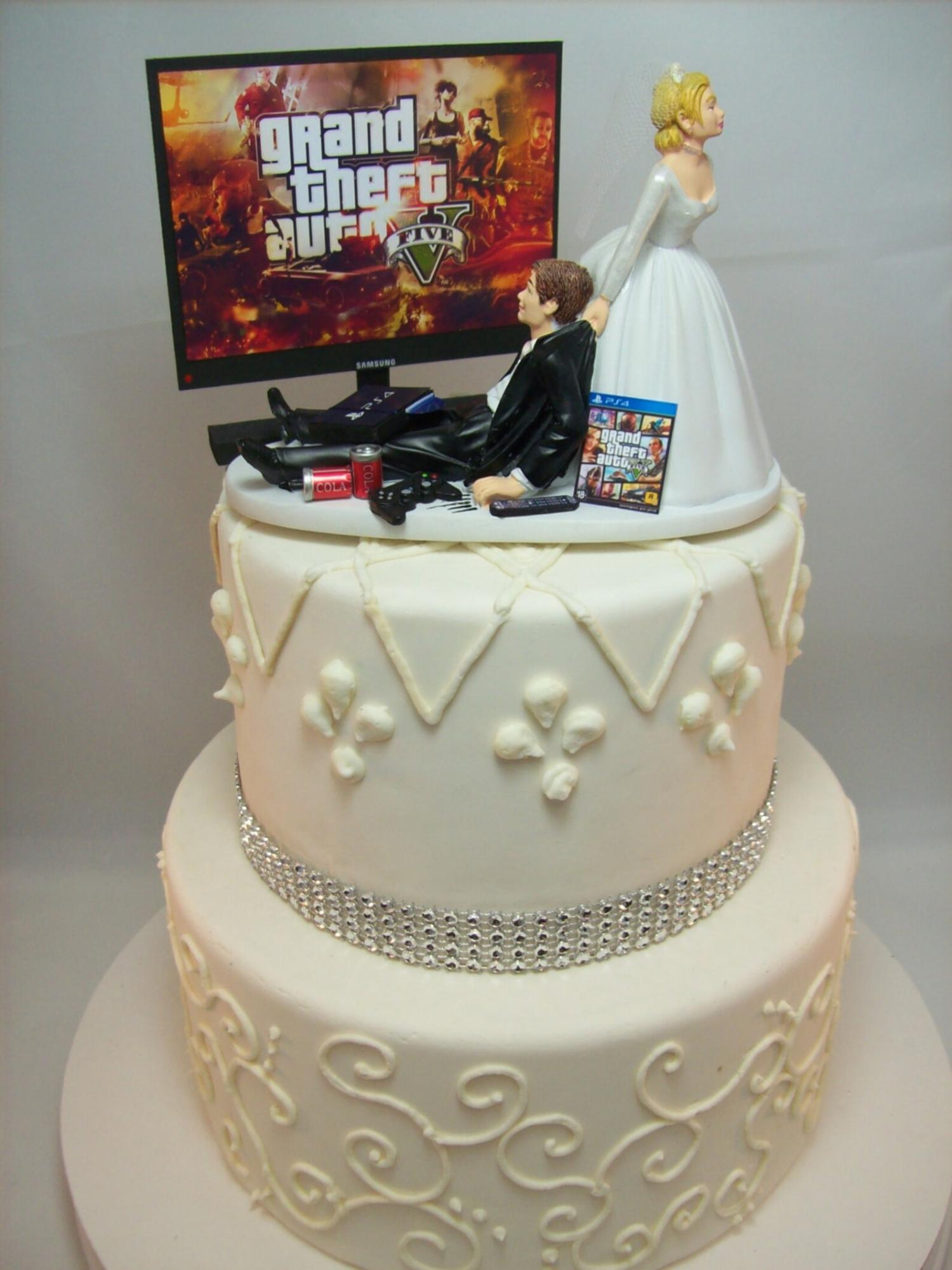 Gamer Wedding Cake Topper - Bride dragging groom away from games cake topper