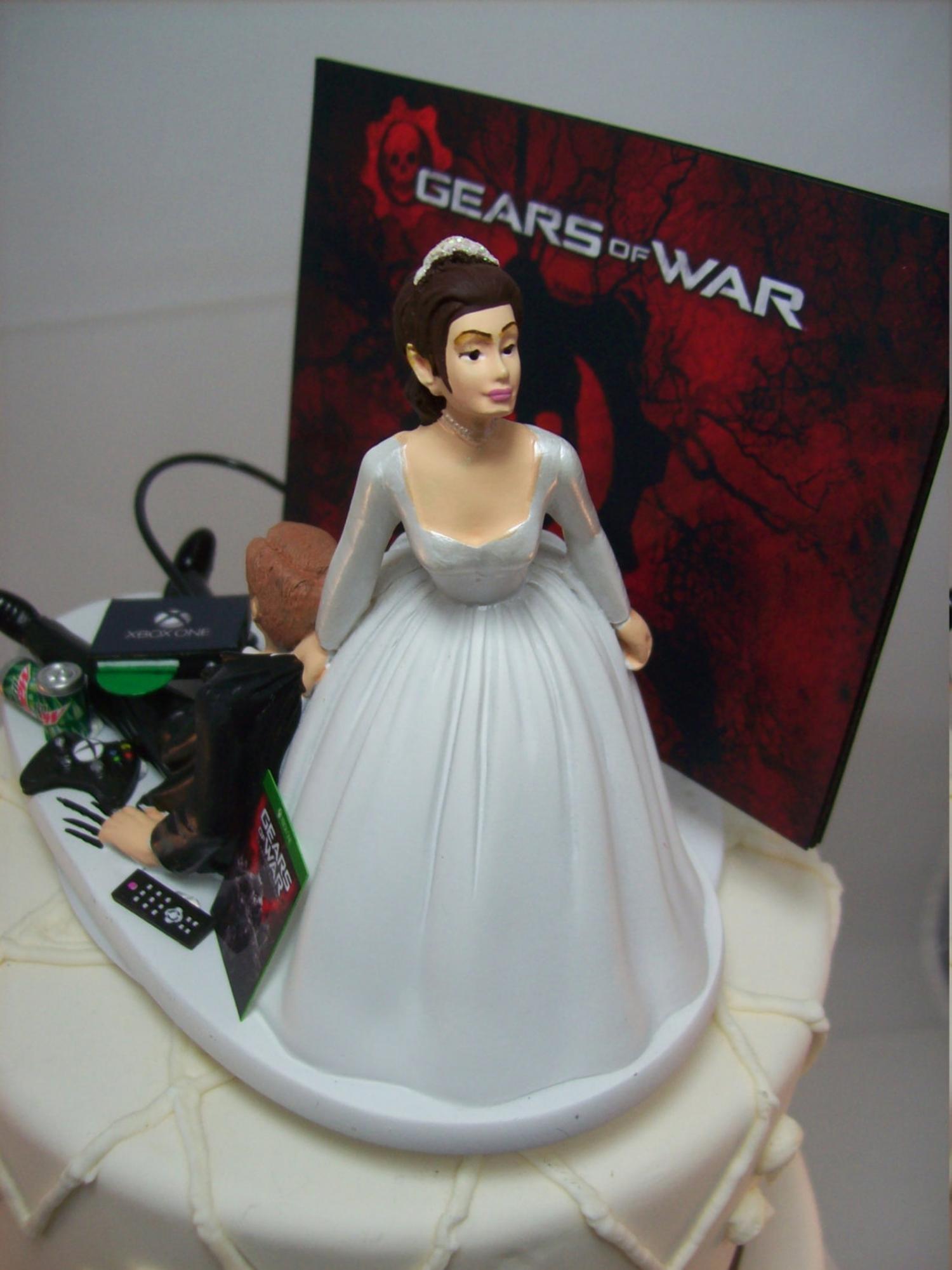 Gamer Wedding Cake Topper - Bride dragging groom away from games cake topper
