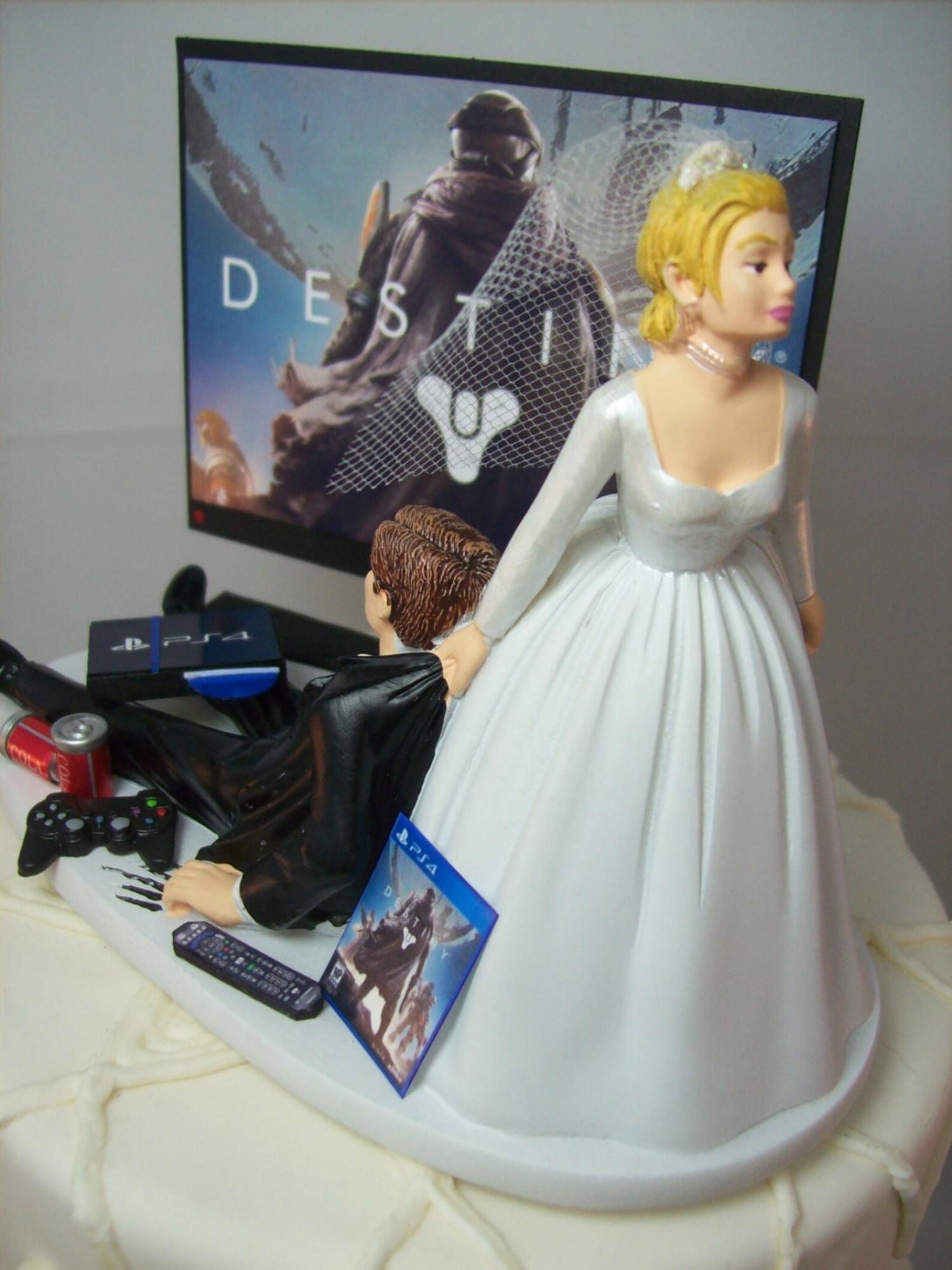 Gamer Wedding Cake Topper - Bride dragging groom away from games cake topper