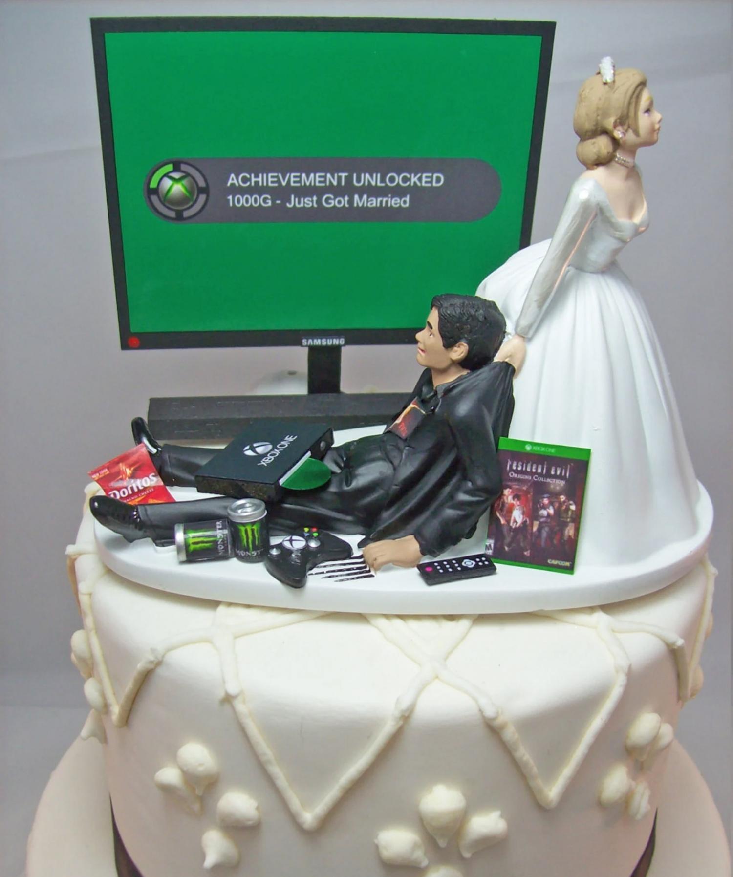 Gamer Wedding Cake Topper - Bride dragging groom away from games cake topper