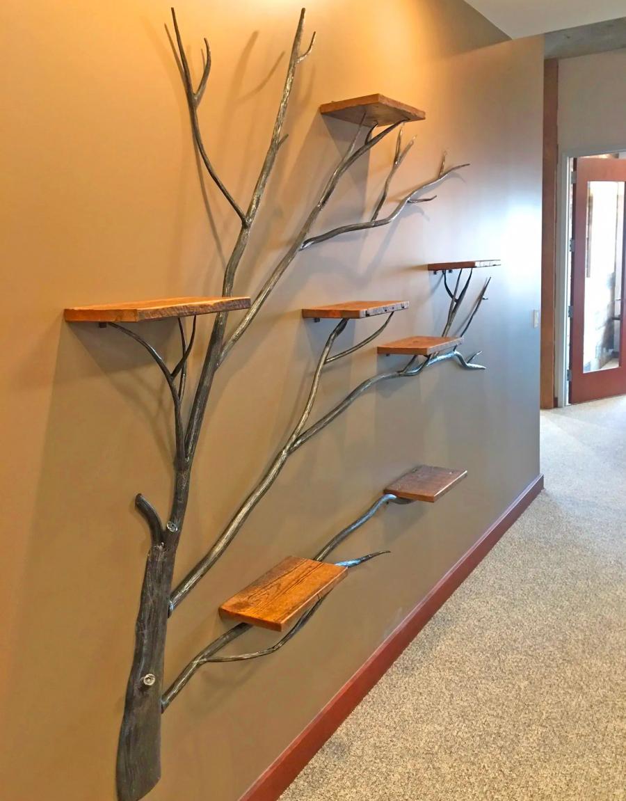 Giant Iron Tree With Wooden Wall Shelves - The Tree Of Life Home Decor
