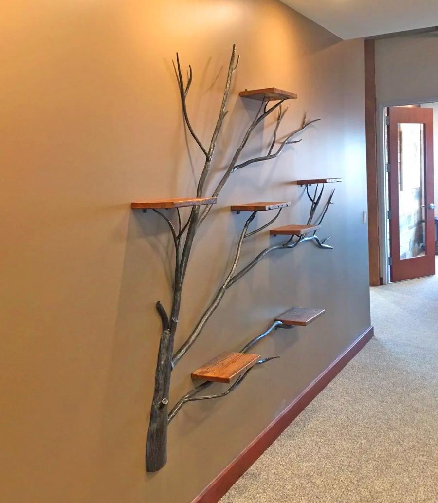 Giant Iron Tree With Wooden Wall Shelves - The Tree Of Life Home Decor