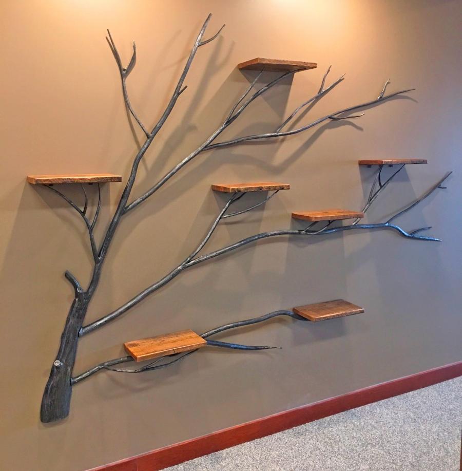 Giant Iron Tree With Wooden Wall Shelves - The Tree Of Life Home Decor