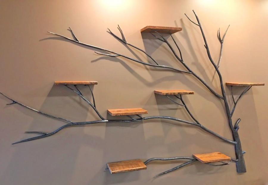 Giant Iron Tree With Wooden Wall Shelves - The Tree Of Life Home Decor