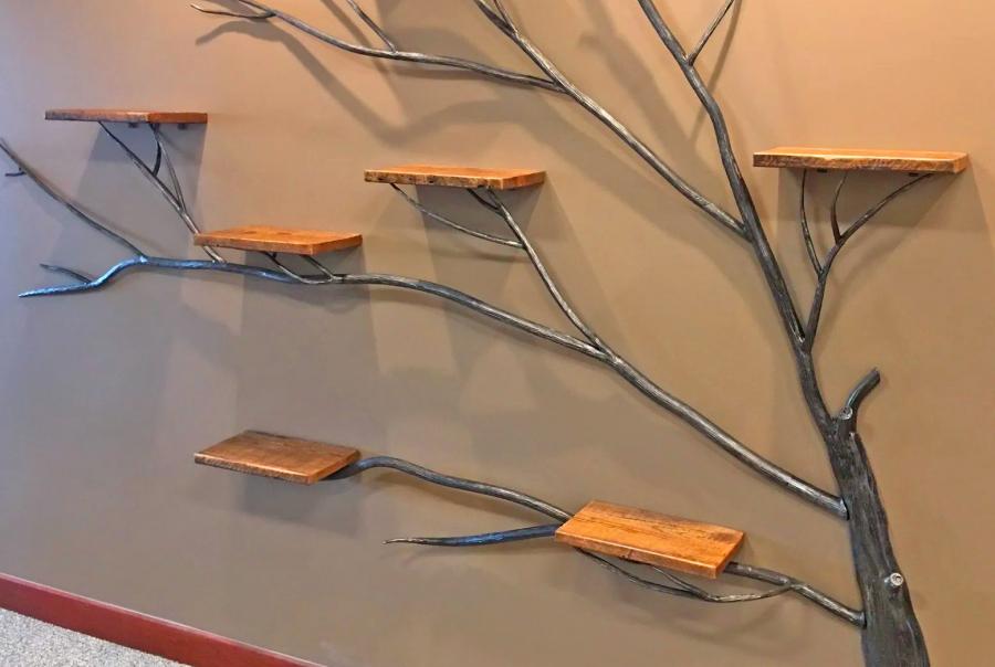 Giant Iron Tree With Wooden Wall Shelves - The Tree Of Life Home Decor
