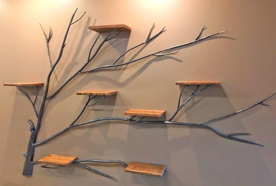 Giant Iron Tree With Wooden Wall Shelves - The Tree Of Life Home Decor