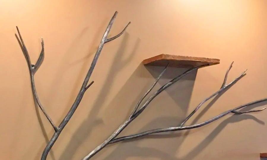 Giant Iron Tree With Wooden Wall Shelves - The Tree Of Life Home Decor