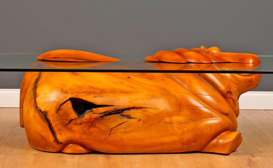  Glass Hippo Table - Designer Hippopotamus Table With Head Peaking Out Of Glass Tabletop