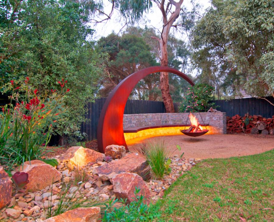 Hanging Fire Pit With Giant Arching Metal Support Beam By Matt Hill