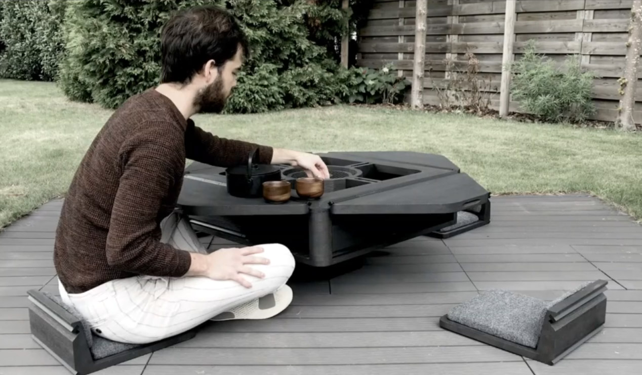 Hasu Japanese-Inspired Tea Table With Hidden Chairs and an Extendable Tabletop