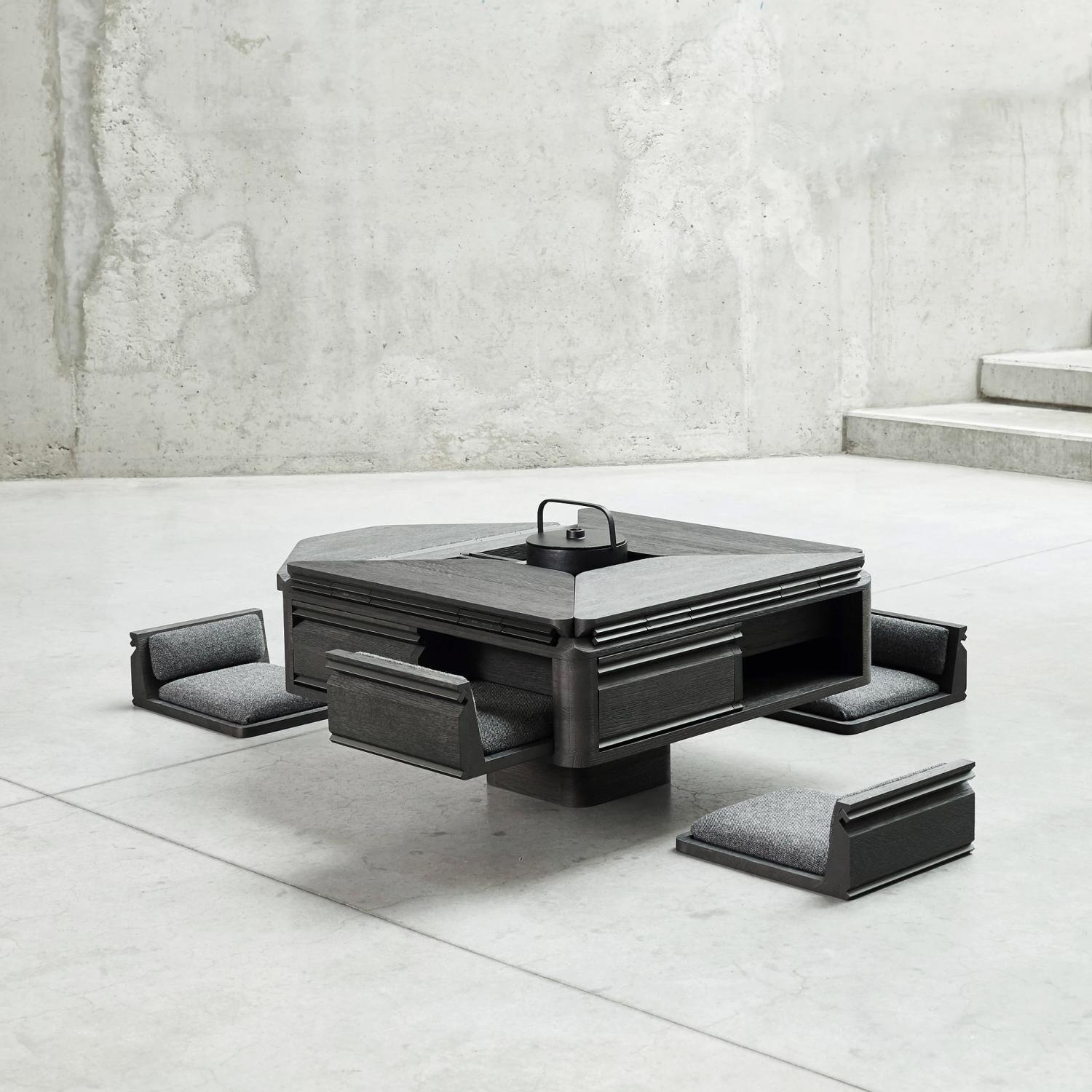 Hasu Japanese-Inspired Tea Table With Hidden Chairs and an Extendable Tabletop