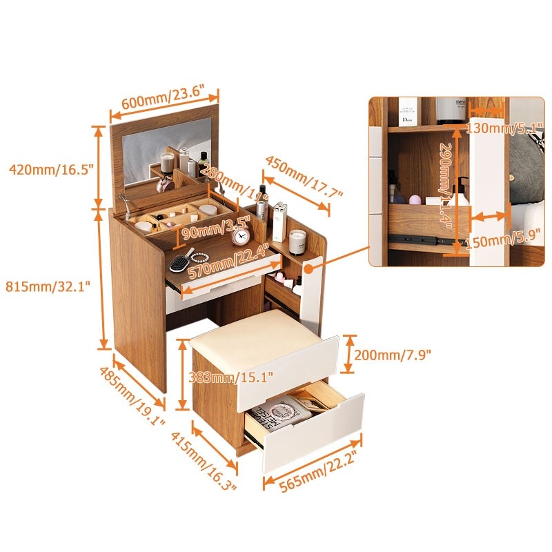 The Ultimate Hideaway Makeup Vanity - Wooden makeup vanity with hidden mirror, chair, and storage
