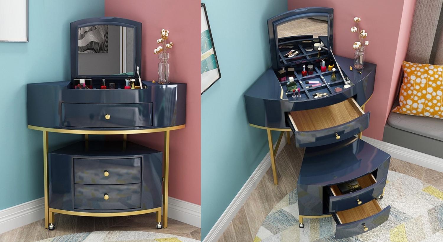 The Ultimate Hideaway Makeup Vanity - Wooden makeup vanity with hidden mirror, chair, and storage