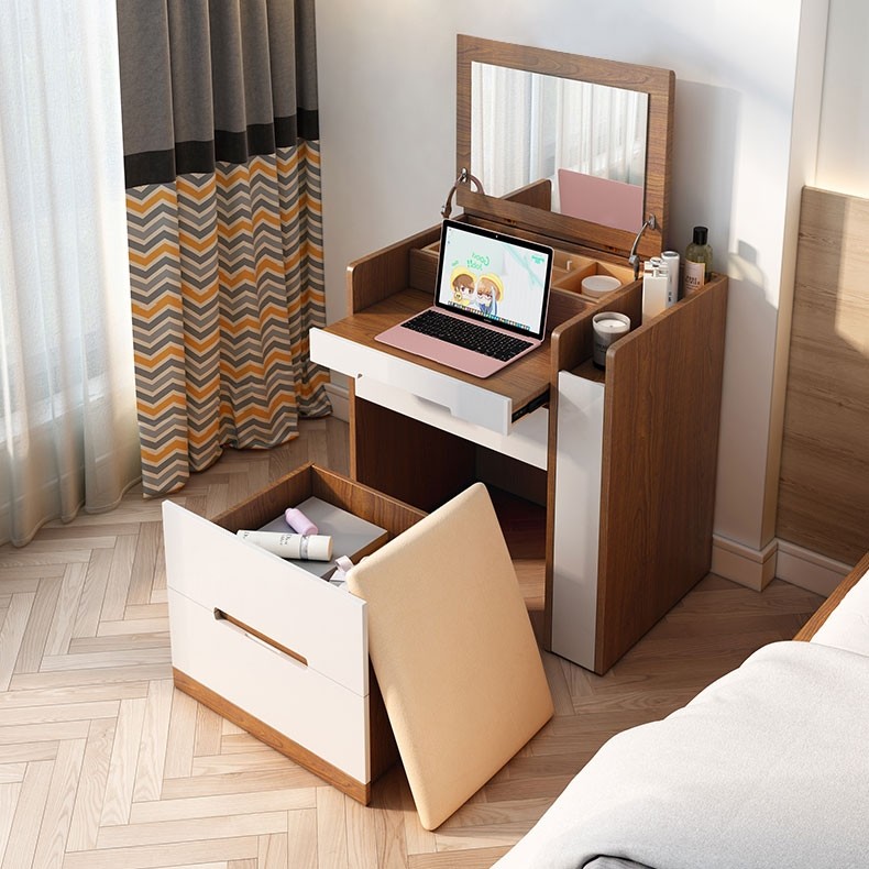 The Ultimate Hideaway Makeup Vanity - Wooden makeup vanity with hidden mirror, chair, and storage