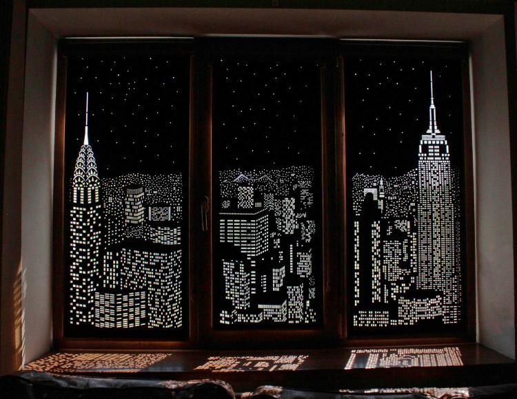 HoleRoll Cutout Blackout Curtains with city landscape design
