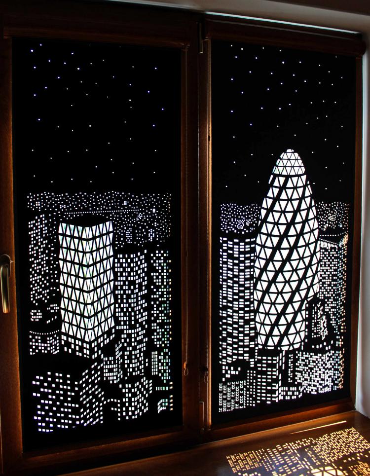 HoleRoll Cutout Blackout Curtains with city landscape design
