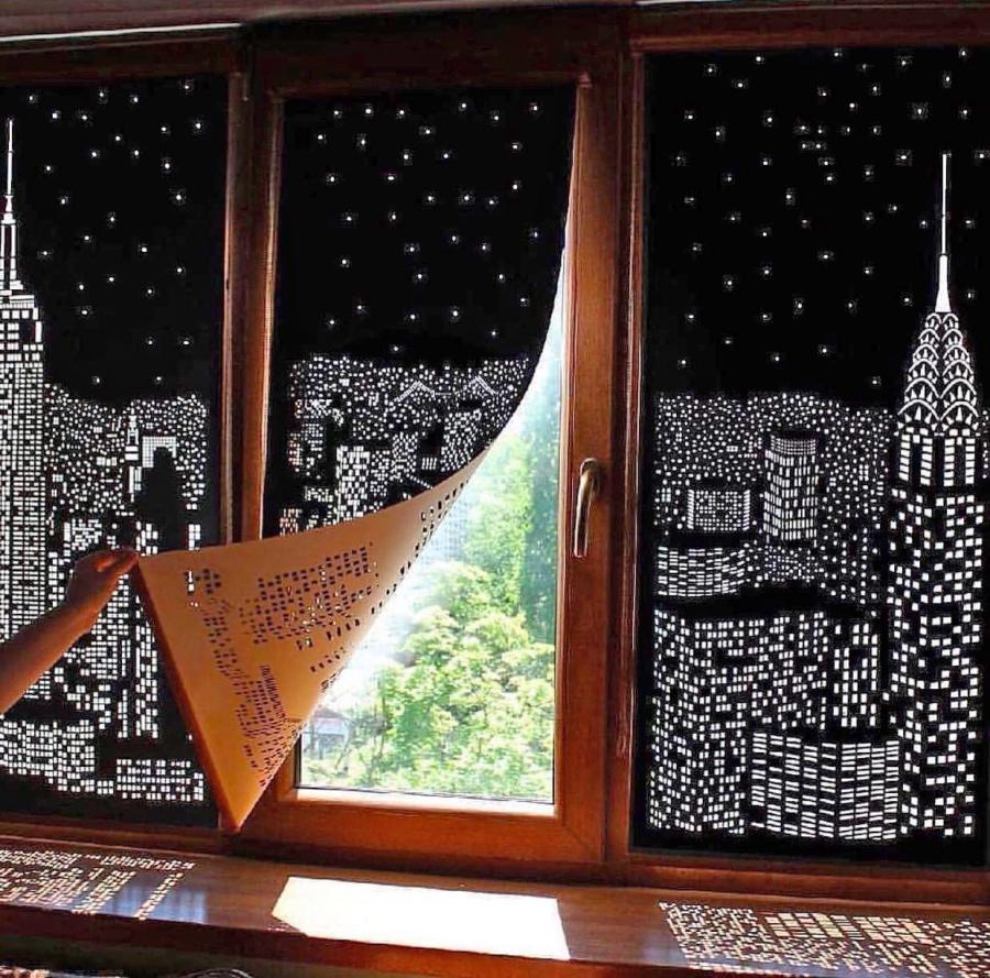 HoleRoll Cutout Blackout Curtains with city landscape design