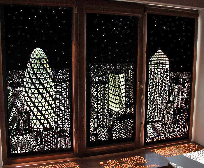 HoleRoll Cutout Blackout Curtains with city landscape design