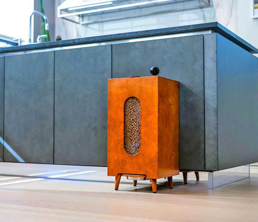 Houndsy Mid-century Wooden Dog Food Dispenser and kibble storage container