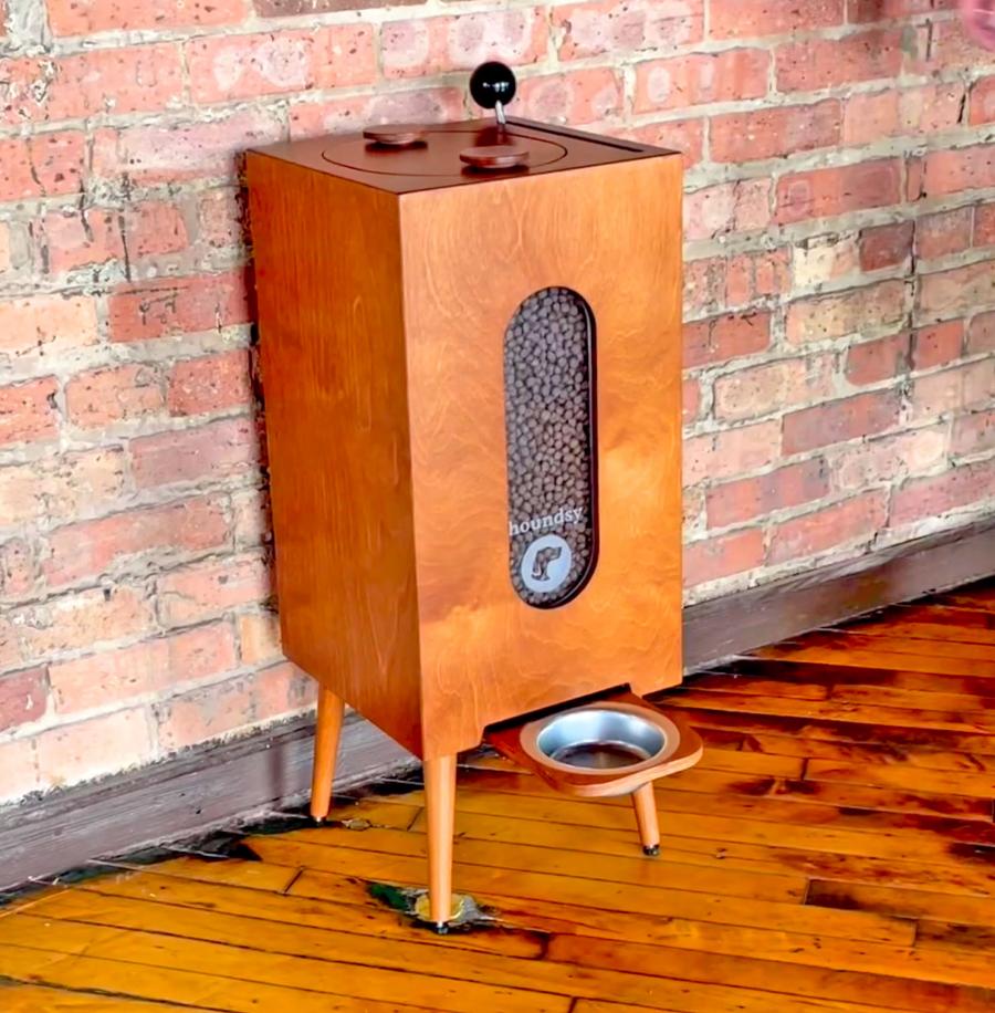 Houndsy Mid-century Wooden Dog Food Dispenser and kibble storage container