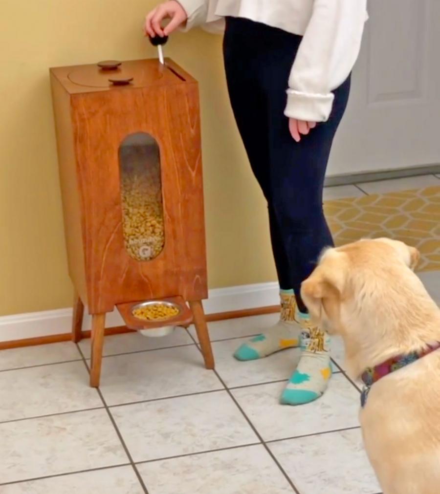 Houndsy Mid-century Wooden Dog Food Dispenser and kibble storage container
