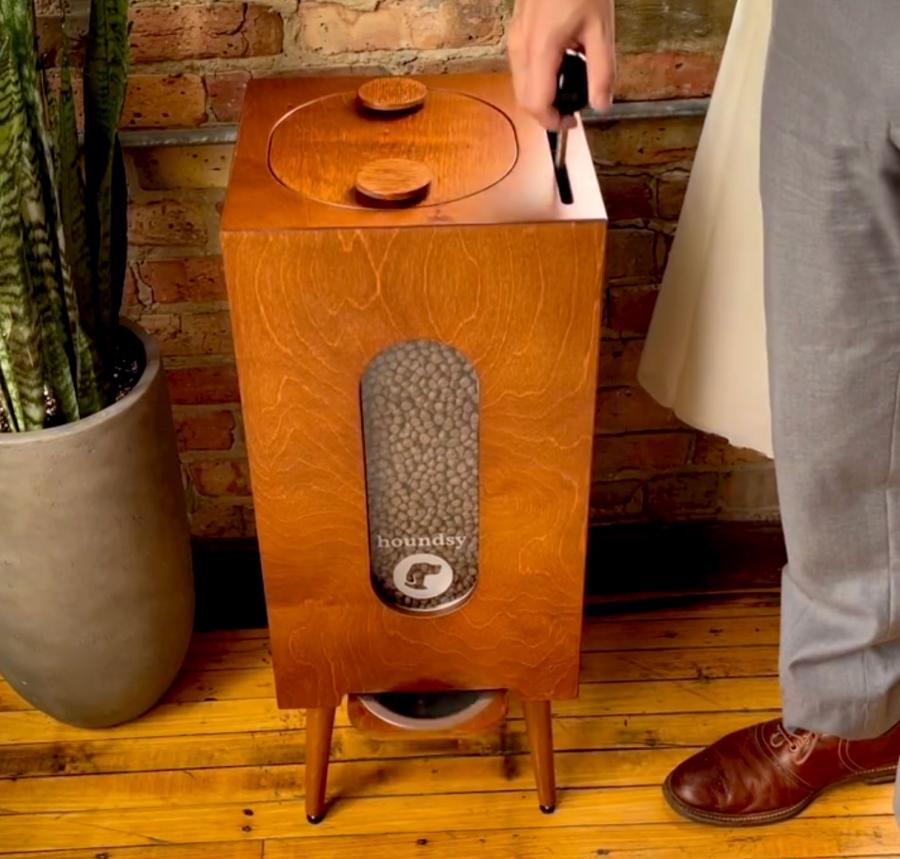 Houndsy Mid-century Wooden Dog Food Dispenser and kibble storage container