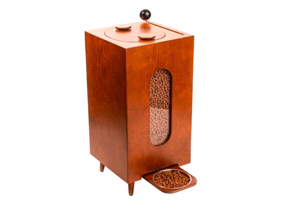 Houndsy Mid-century Wooden Dog Food Dispenser and kibble storage container