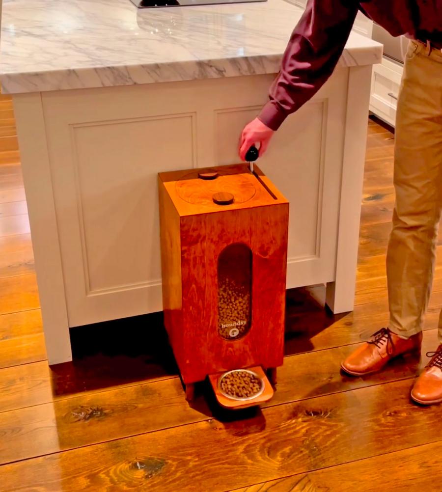Houndsy Mid-century Wooden Dog Food Dispenser and kibble storage container