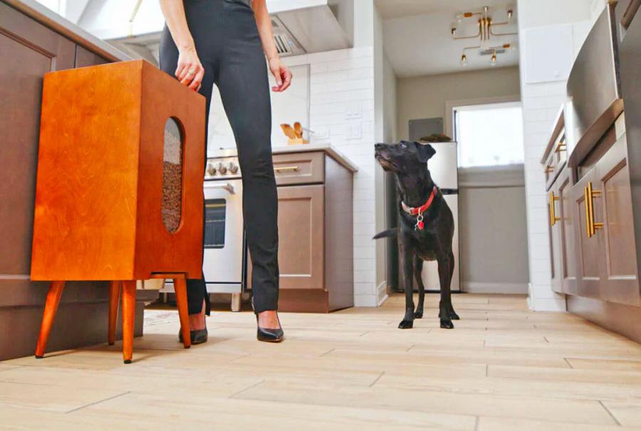 Houndsy Mid-century Wooden Dog Food Dispenser and kibble storage container