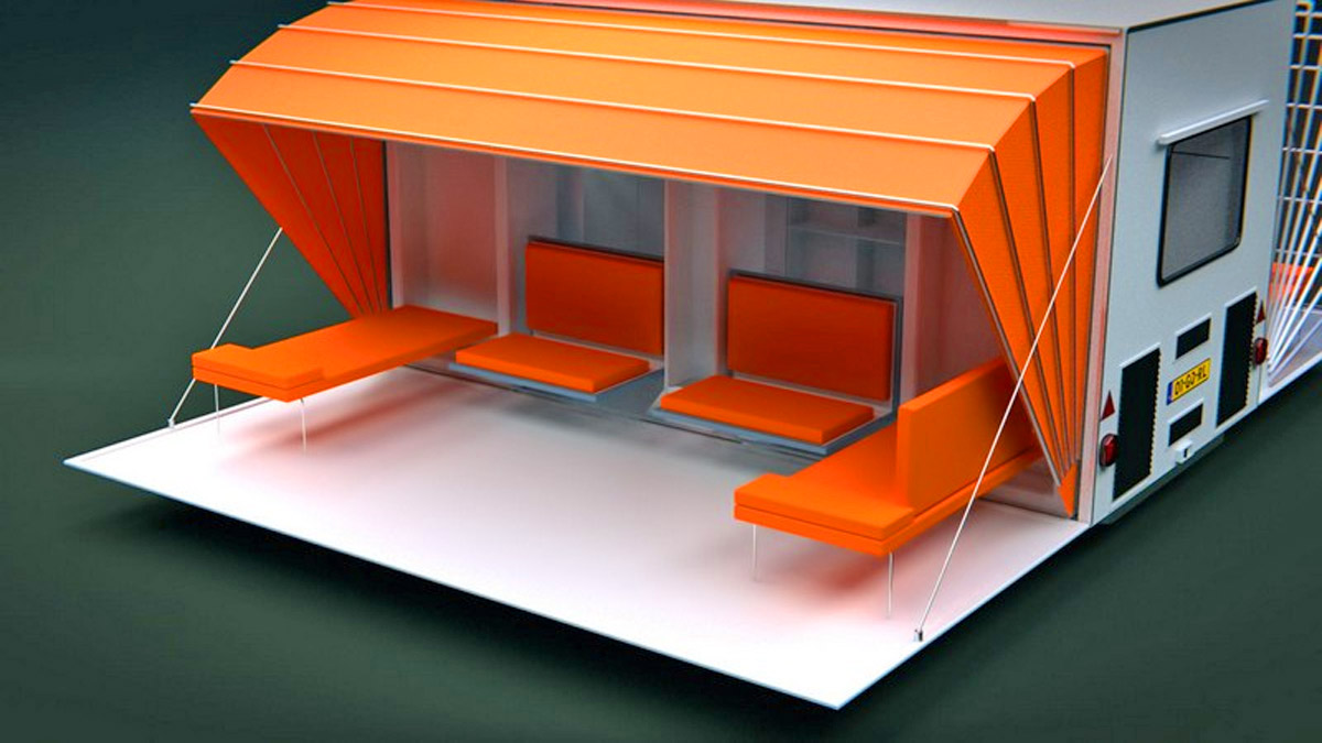 Folding Camping Trailer Expands To Triple Its Size With Fold-Out Awnings - De Markies Expanding Retro Trailer