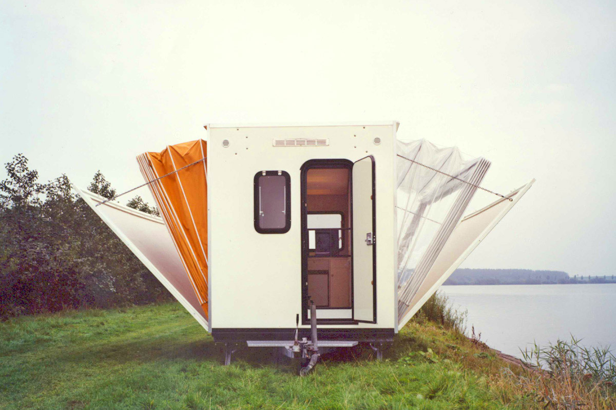 Folding Camping Trailer Expands To Triple Its Size With Fold-Out Awnings - De Markies Expanding Retro Trailer