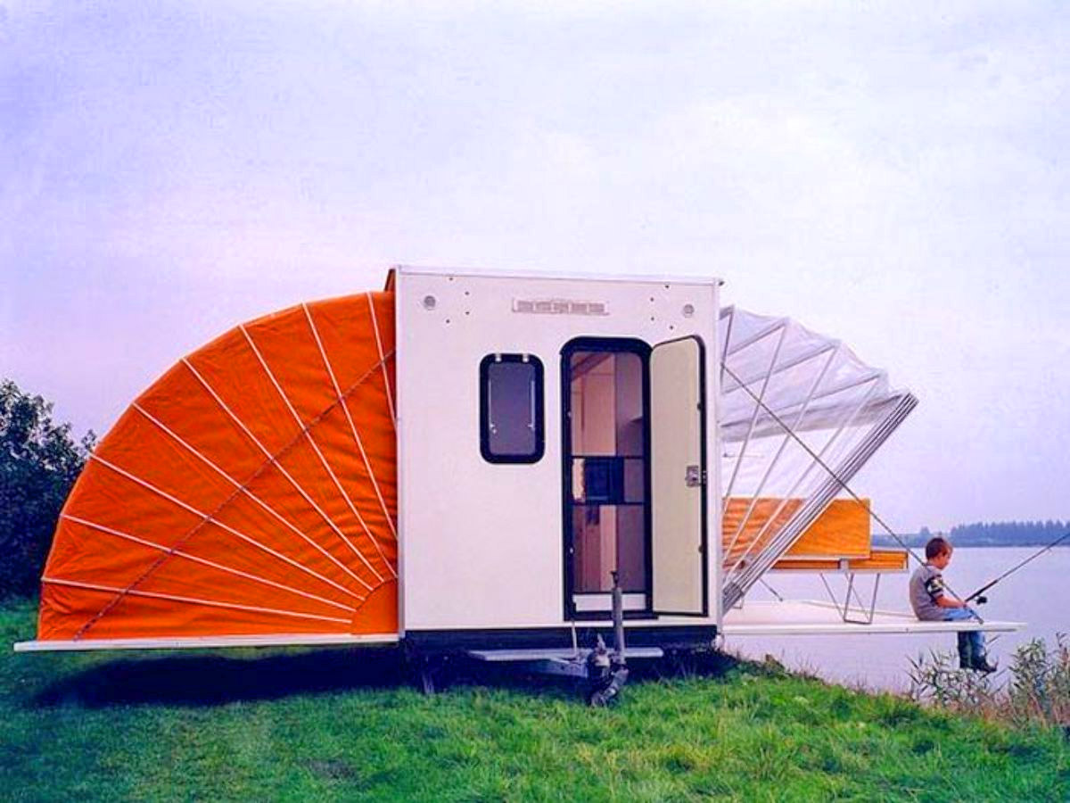 Folding Camping Trailer Expands To Triple Its Size With Fold-Out Awnings - De Markies Expanding Retro Trailer