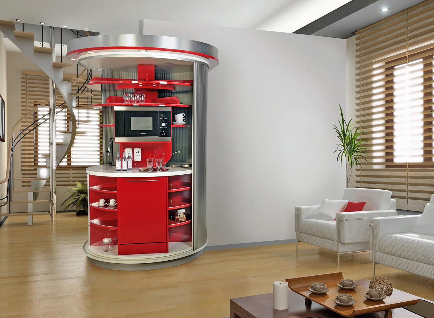Rotating Circle Kitchen - Futuristic minimal design space-saving kitchen that spins