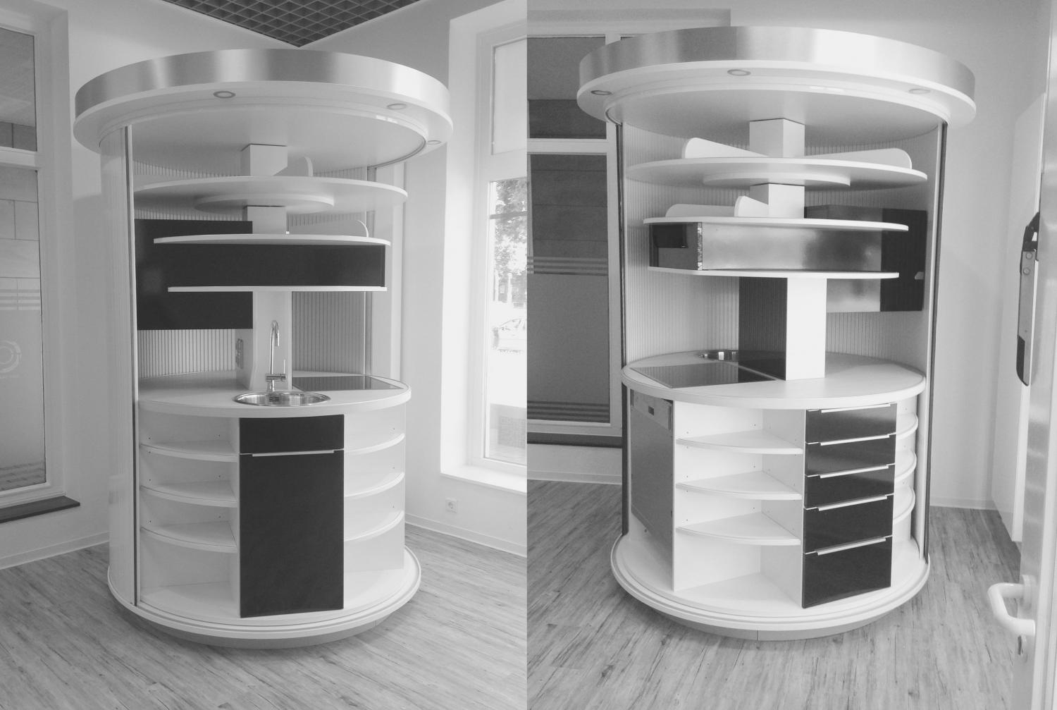 Rotating Circle Kitchen - Futuristic minimal design space-saving kitchen that spins