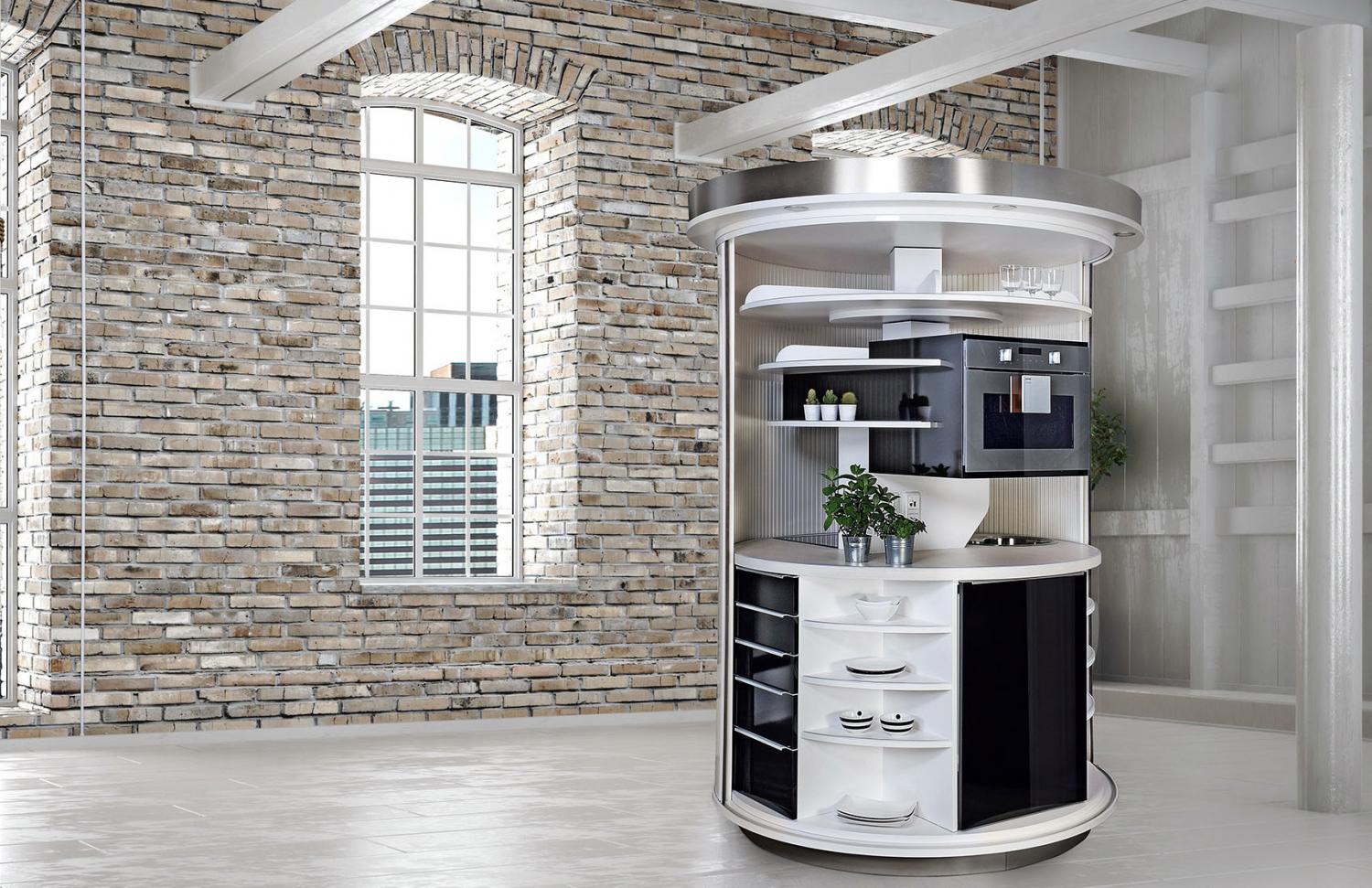 Rotating Circle Kitchen - Futuristic minimal design space-saving kitchen that spins