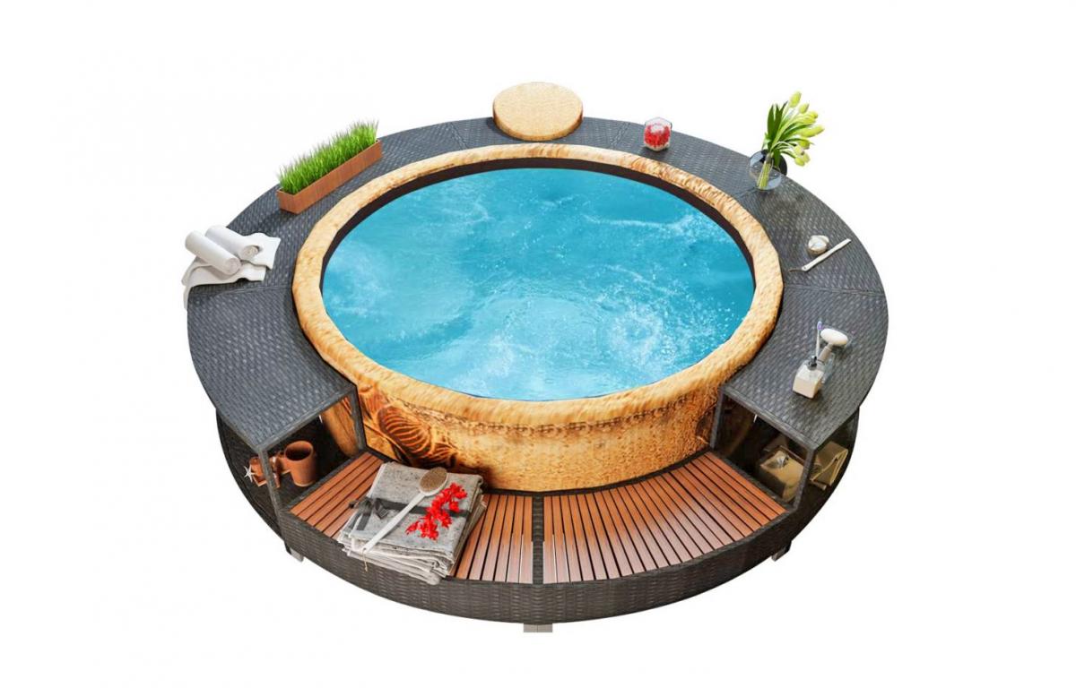 Inflatable Hot Tub Surround Structure - Spa Surround Poly Rattan Black - Modern Hot tub wrap with storage and easy entry