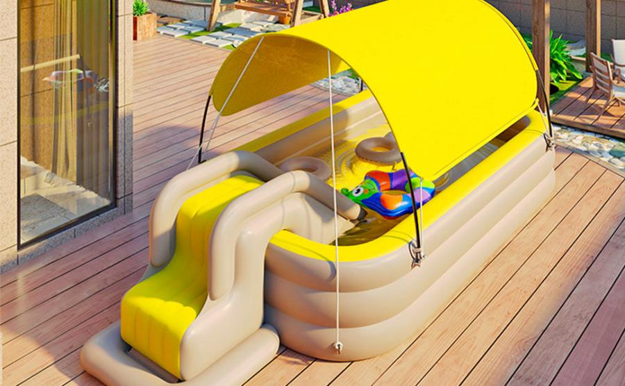 Inflatable Kids Pool With an Inflatable Slide Has Awning That Seals Pool At Night