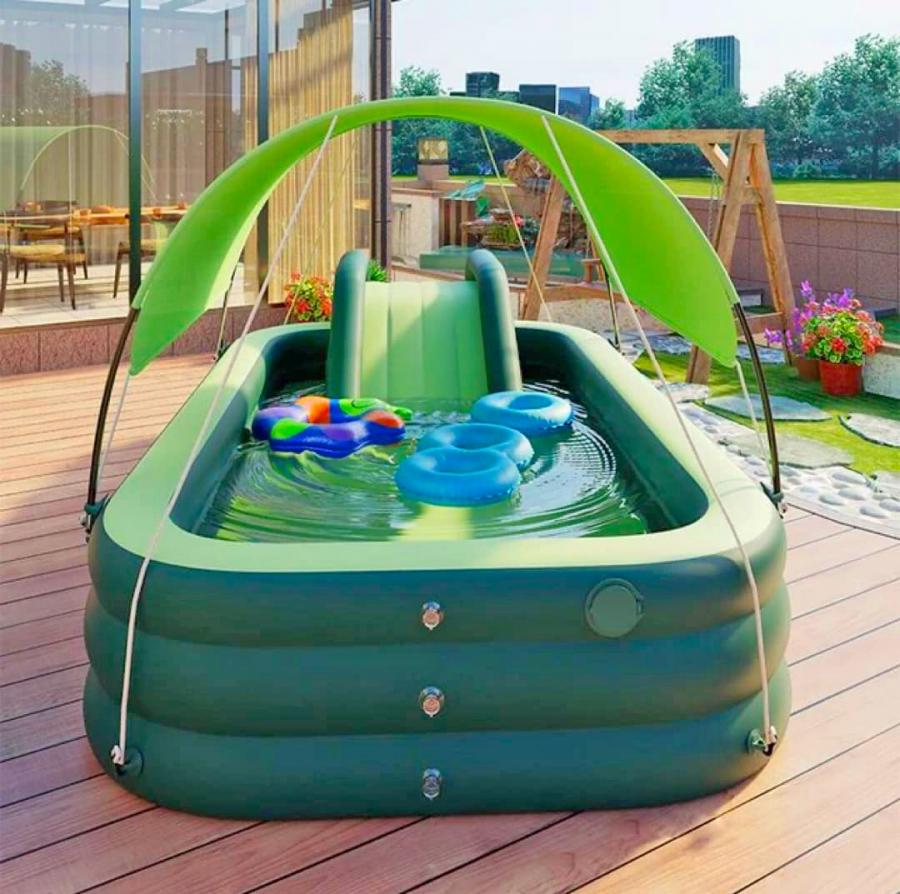 Inflatable Kids Pool With an Inflatable Slide Has Awning That Seals Pool At Night