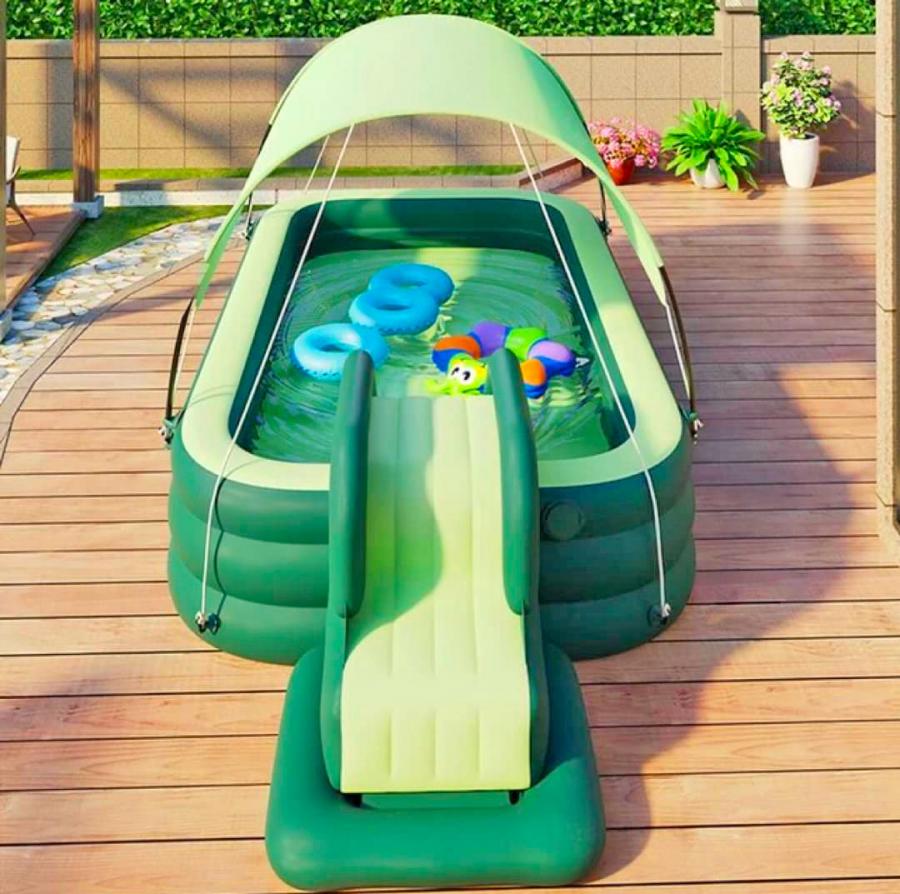 Inflatable Kids Pool With an Inflatable Slide Has Awning That Seals Pool At Night