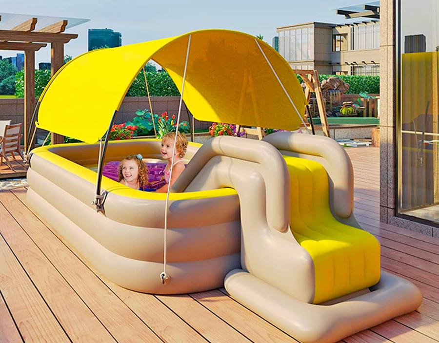 Inflatable Kids Pool With an Inflatable Slide Has Awning That Seals Pool At Night