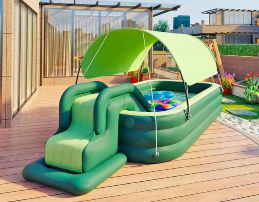 Inflatable Kids Pool With an Inflatable Slide Has Awning That Seals Pool At Night