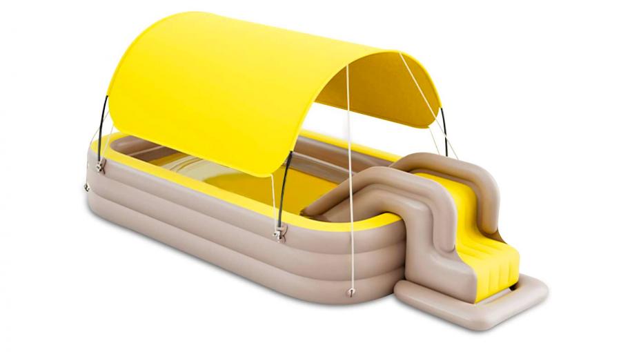 Inflatable Kids Pool With an Inflatable Slide Has Awning That Seals Pool At Night